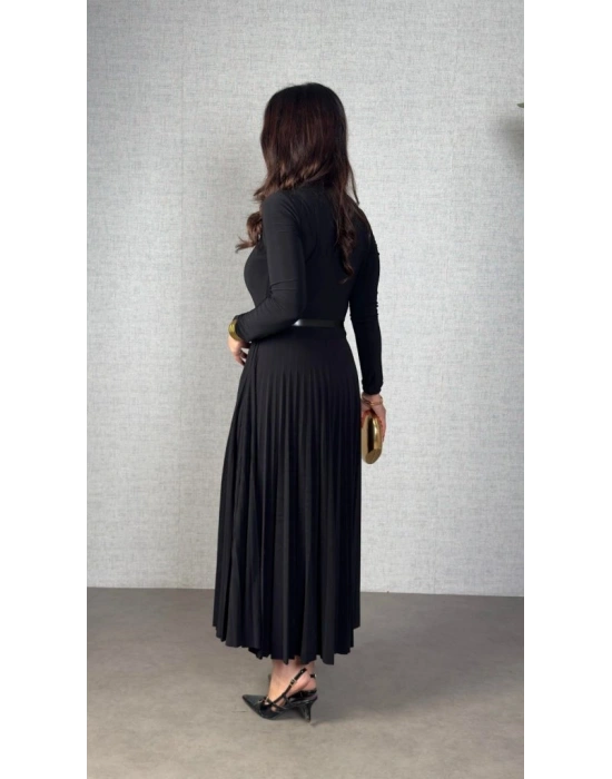 Kadın Uzun Kollu Balıkçı Yaka Kemersiz Pileli Uzun Sandy Elbise