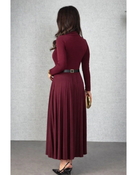 Kadın Uzun Kollu Balıkçı Yaka Kemersiz Pileli Uzun Sandy Elbise