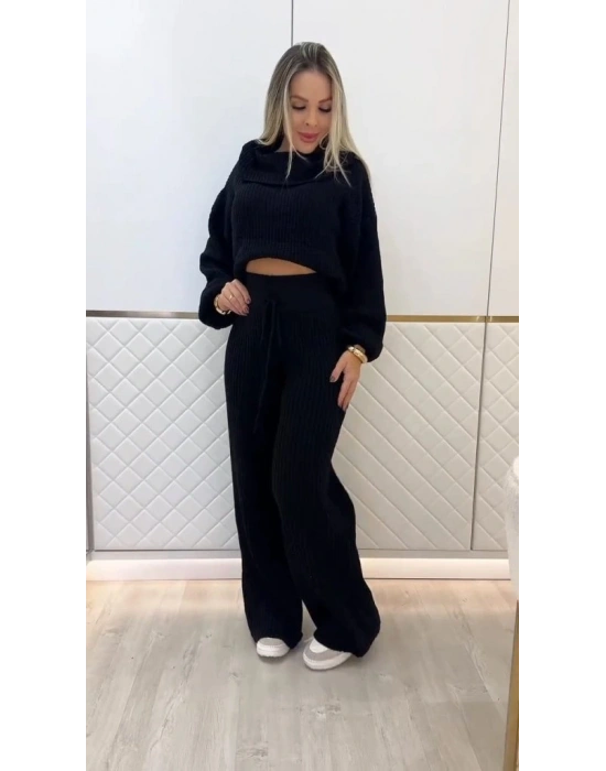 Kadın Uzun Kollu Balıkçı Yaka Kısa Triko Bluz Ve Pantolon Ikili Takım