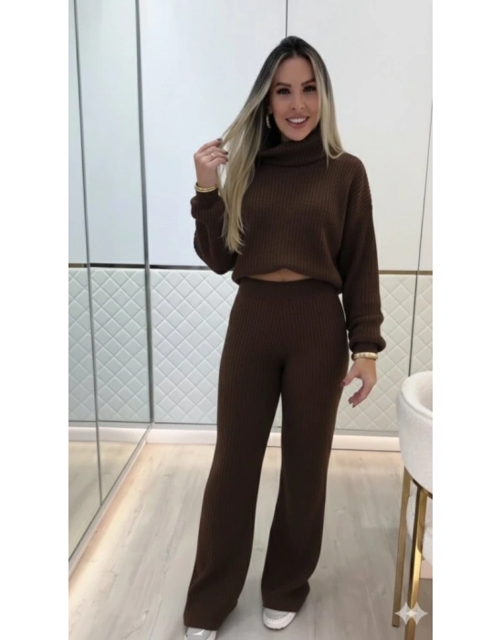 Kadın Uzun Kollu Balıkçı Yaka Kısa Triko Bluz Ve Pantolon Ikili Takım