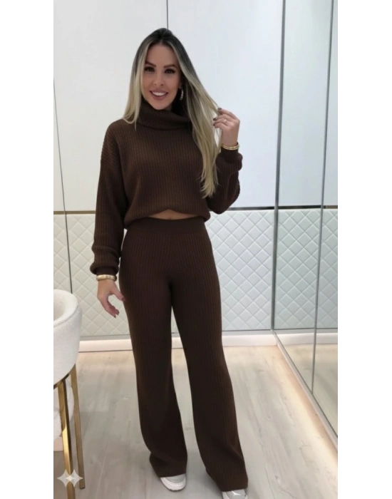 Kadın Uzun Kollu Balıkçı Yaka Kısa Triko Bluz Ve Pantolon Ikili Takım