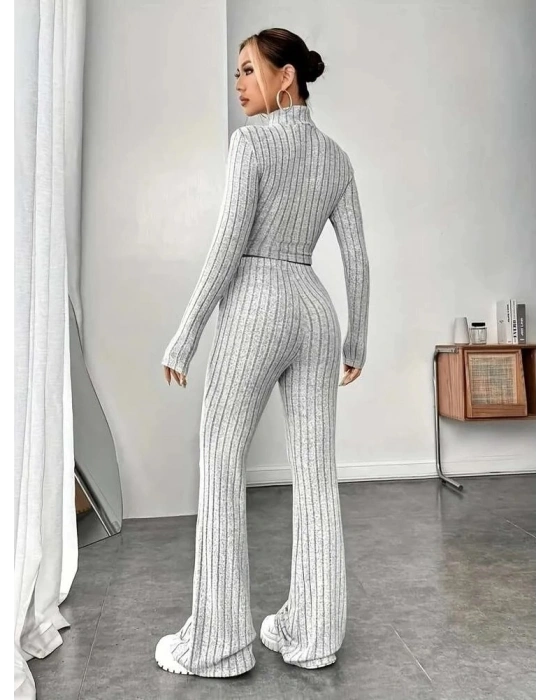 Kadın Uzun Kollu Balıkçı Yaka Krop Ve Pantolon şardonlu Kaşkorse Ikili Takım