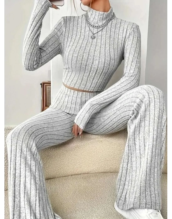 Kadın Uzun Kollu Balıkçı Yaka Krop Ve Pantolon şardonlu Kaşkorse Ikili Takım