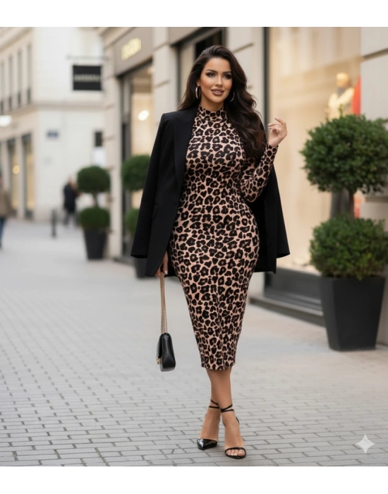 Kadın Uzun Kollu Balıkçı Yaka Leopar Desenli Midi Boy Elbise