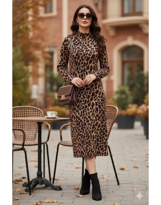 Kadın Uzun Kollu Balıkçı Yaka Leopar Desenli Midi Boy Elbise