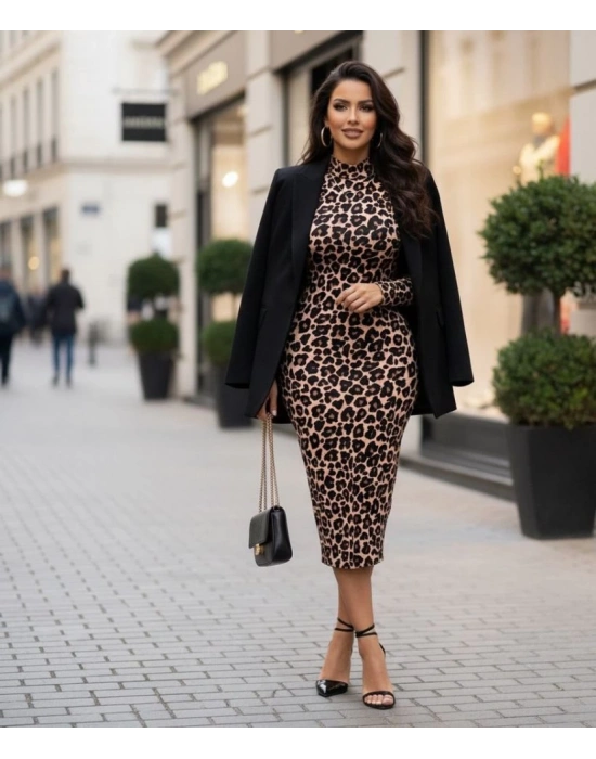 Kadın Uzun Kollu Balıkçı Yaka Leopar Desenli Midi Boy Elbise