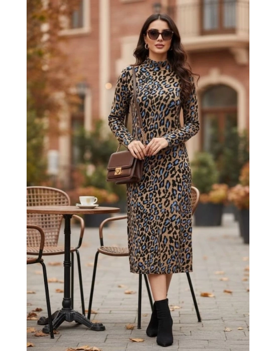 Kadın Uzun Kollu Balıkçı Yaka Leopar Desenli Midi Boy Elbise