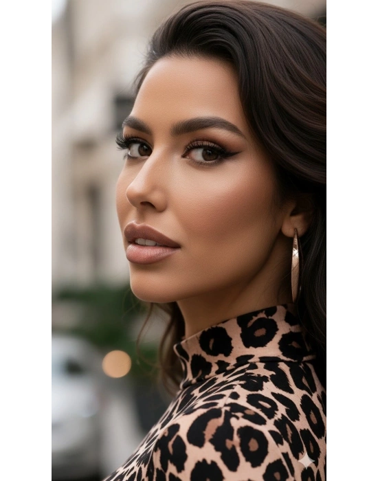 Kadın Uzun Kollu Balıkçı Yaka Leopar Desenli Midi Boy Elbise