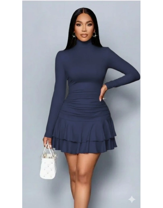 Kadın Uzun Kollu Balıkçı Yaka Mini Fırfırlı Sandy Elbise