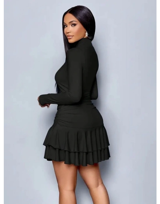 Kadın Uzun Kollu Balıkçı Yaka Mini Fırfırlı Sandy Elbise