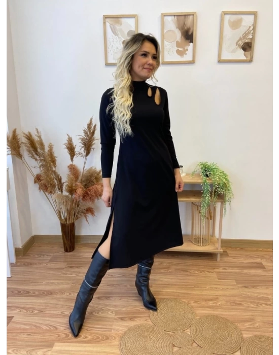 Kadın Uzun Kollu Balıkçı Yaka Omuzda Damla Detaylı Yırtmaçlı Krep Midi Elbise
