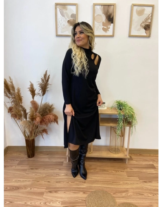 Kadın Uzun Kollu Balıkçı Yaka Omuzda Damla Detaylı Yırtmaçlı Krep Midi Elbise