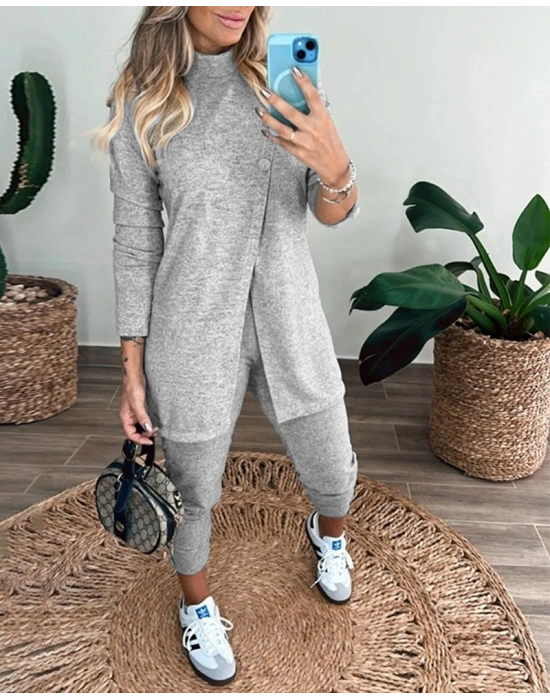 Kadın Uzun Kollu Balıkçı Yaka önden Düğmeli Bluz Ve Pantolon Yumoş Ikili Takım