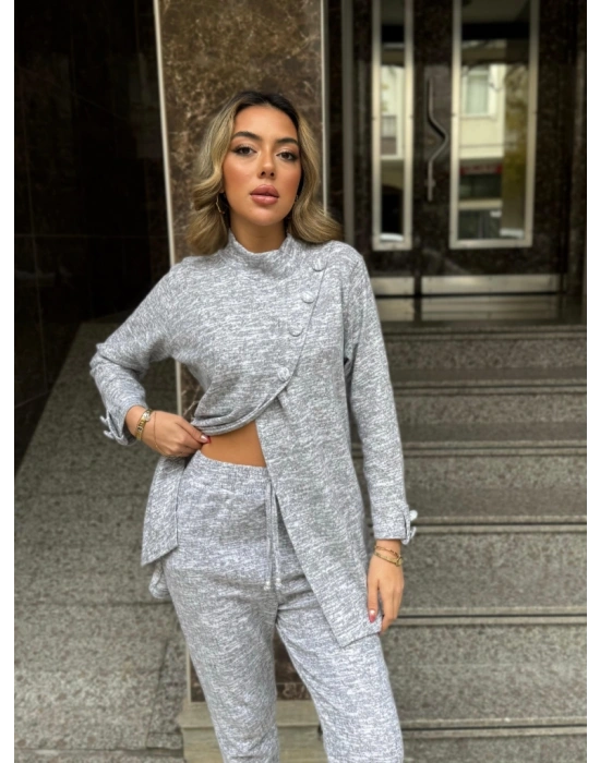 Kadın Uzun Kollu Balıkçı Yaka önden Düğmeli Bluz Ve Pantolon Yumoş Ikili Takım