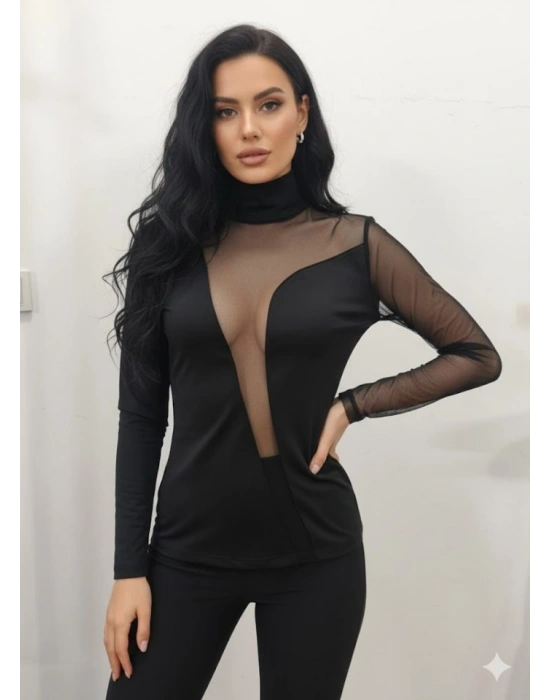 Kadın Uzun Kollu Balıkçı Yaka önü Asimetrik Transparan Detay Bluz