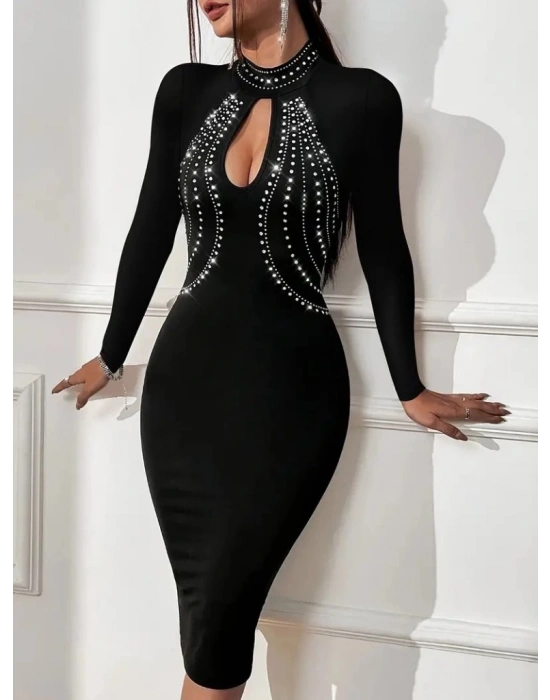 Kadın Uzun Kollu Balıkçı Yaka Taşlı Damla Detay Midi Ithal Krep Elbise