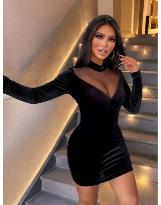 Kadın Uzun Kollu Balıkçı Yaka Tül Detaylı Mini Kadife Elbise