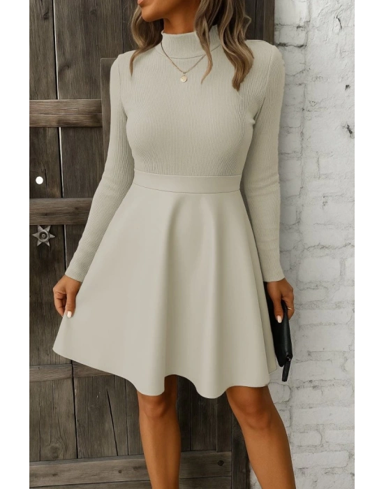 Kadın Uzun Kollu Balıkçı Yaka üst Kaşkorse Alt Deri Detaylı Mini Elbise