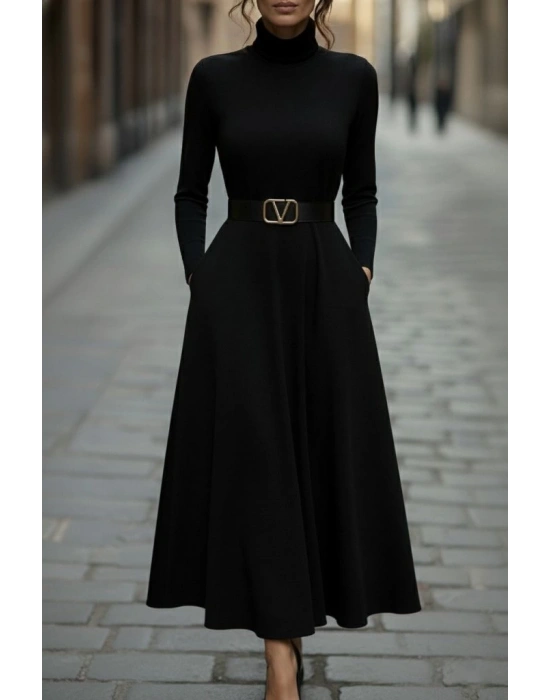 Kadın Uzun Kollu Balıkçı Yaka Uzun Akrilik Elbise