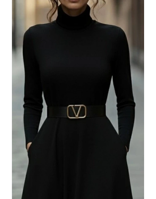 Kadın Uzun Kollu Balıkçı Yaka Uzun Akrilik Elbise