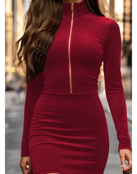 Kadın Uzun Kollu Balıkçı Yaka Yakadan Göğüse Kadar Fermuar Detaylı Mini Kadife Elbise