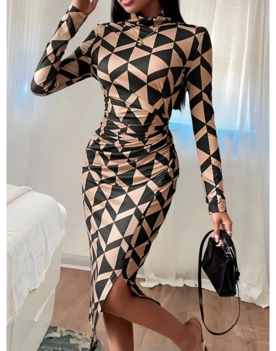 Kadın Uzun Kollu Balıkçı Yaka Yandan Büzgülü Yırtmaçlı Modal Midi Elbise