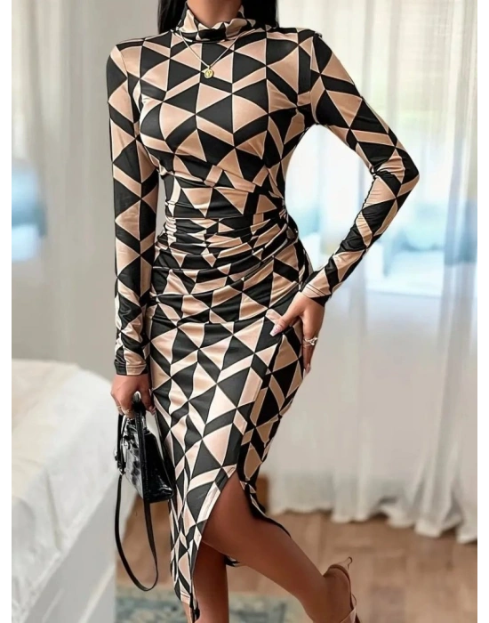 Kadın Uzun Kollu Balıkçı Yaka Yandan Büzgülü Yırtmaçlı Modal Midi Elbise