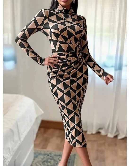 Kadın Uzun Kollu Balıkçı Yaka Yandan Büzgülü Yırtmaçlı Modal Midi Elbise