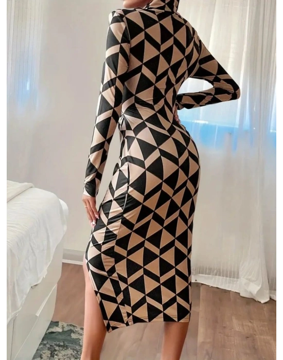 Kadın Uzun Kollu Balıkçı Yaka Yandan Büzgülü Yırtmaçlı Modal Midi Elbise