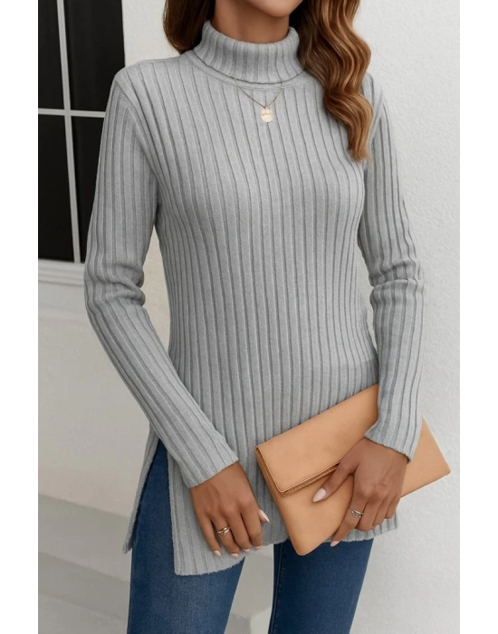 Kadın Uzun Kollu Balıkçı Yaka Yandan Yırtmaçlı şardonlu Kaşkorse Bluz