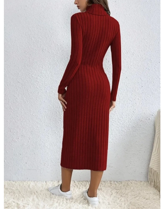 Kadın Uzun Kollu Balıkçı Yaka Yırtmaçlı Düğmeli şardonlu Kaşkorse Elbise