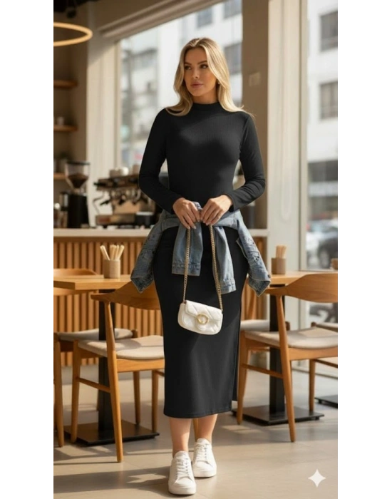 Kadın Uzun Kollu Balıkçı Yakalı Yanlardan Yırtmaçlı Kaşkorse Maxi Elbise