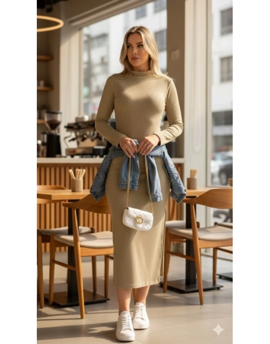 Kadın Uzun Kollu Balıkçı Yakalı Yanlardan Yırtmaçlı Kaşkorse Maxi Elbise