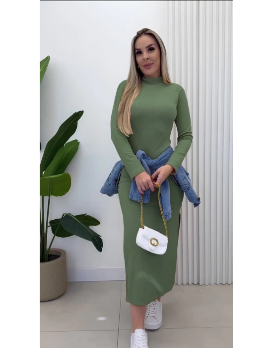 Kadın Uzun Kollu Balıkçı Yakalı Yanlardan Yırtmaçlı Kaşkorse Maxi Elbise