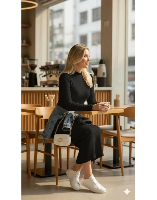 Kadın Uzun Kollu Balıkçı Yakalı Yanlardan Yırtmaçlı Kaşkorse Maxi Elbise