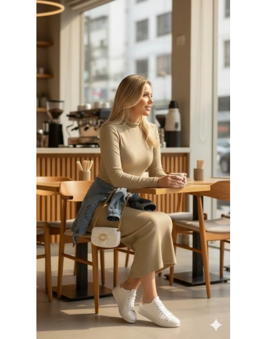 Kadın Uzun Kollu Balıkçı Yakalı Yanlardan Yırtmaçlı Kaşkorse Maxi Elbise