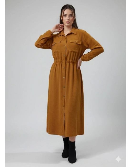 Kadın Uzun Kollu Beli Lastik Ve Düğme Detay Gömlek Elbise