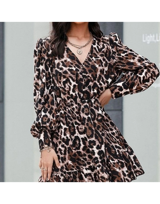 Kadın Uzun Kollu Beli Lastikli Etek Ucu Volanlı Leopar Desen Krep Elbise
