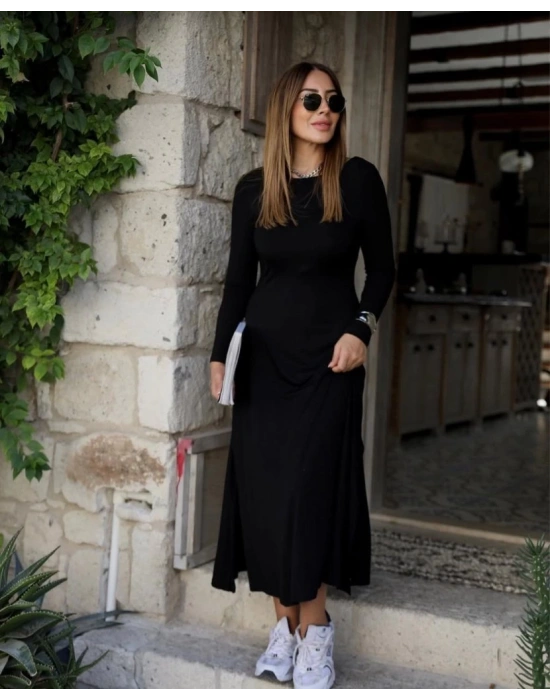 Kadın Uzun Kollu Bisiklet Yaka Arkası çapraz Detaylı Viskon Iki Iplik Maxi Elbise