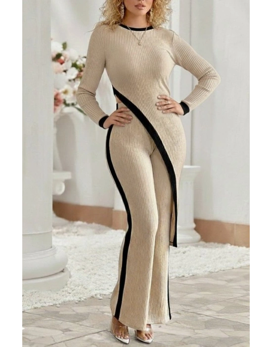 Kadın Uzun Kollu Bisiklet Yaka Asimetrik Kesim Bluz şardonlu Kaşkorse Bluz Ve Pantolon Ikili Takım