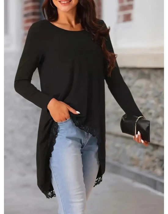 Kadın Uzun Kollu Bisiklet Yaka Asimetrik Kesim Detaylı Dantelli Viskon Bluz