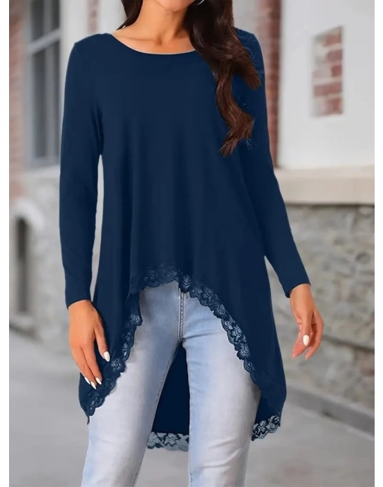 Kadın Uzun Kollu Bisiklet Yaka Asimetrik Kesim Detaylı Dantelli Viskon Bluz