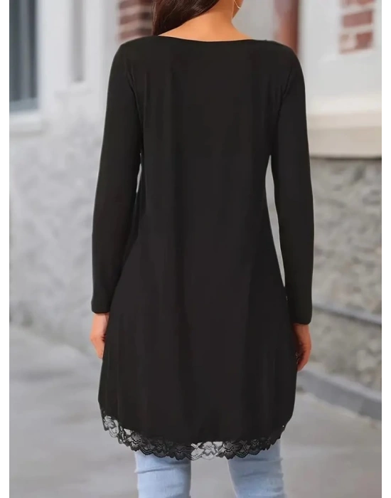 Kadın Uzun Kollu Bisiklet Yaka Asimetrik Kesim Detaylı Dantelli Viskon Bluz