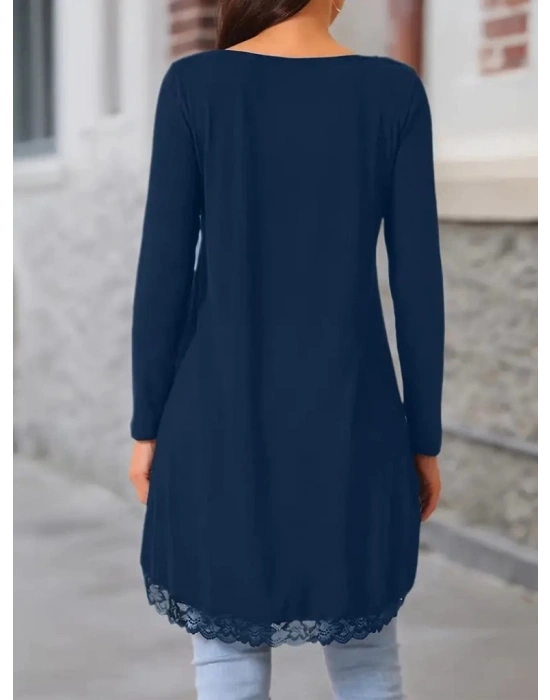 Kadın Uzun Kollu Bisiklet Yaka Asimetrik Kesim Detaylı Dantelli Viskon Bluz