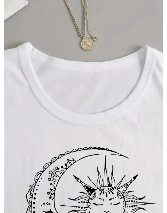 Kadın Uzun Kollu Bisiklet Yaka Ay Baskılı Viskon Bluz