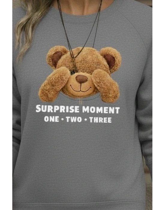 Kadın Uzun Kollu Bisiklet Yaka Ayıcık Desenli Viskon Iki Iplik Bluz