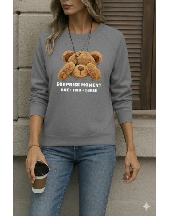 Kadın Uzun Kollu Bisiklet Yaka Ayıcık Desenli Viskon Iki Iplik Bluz