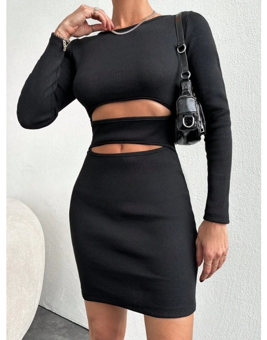 Kadın Uzun Kollu Bisiklet Yaka Bel Dekolteli Kaşkorse Mini Boy Elbise