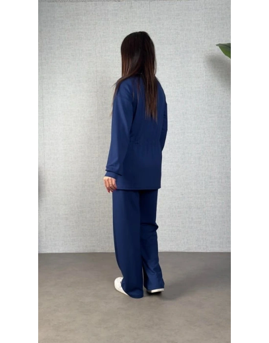 Kadın Uzun Kollu Bisiklet Yaka Belden Büzgülü Bağcıklı Viskon Iki Iplik Bluz Ve Pantolon Ikili Takım