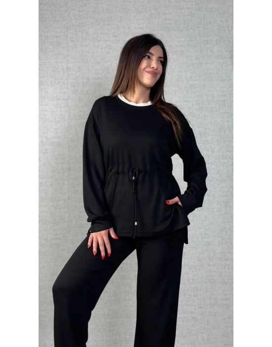 Kadın Uzun Kollu Bisiklet Yaka Belden Büzgülü Bağcıklı Viskon Iki Iplik Bluz Ve Pantolon Ikili Takım